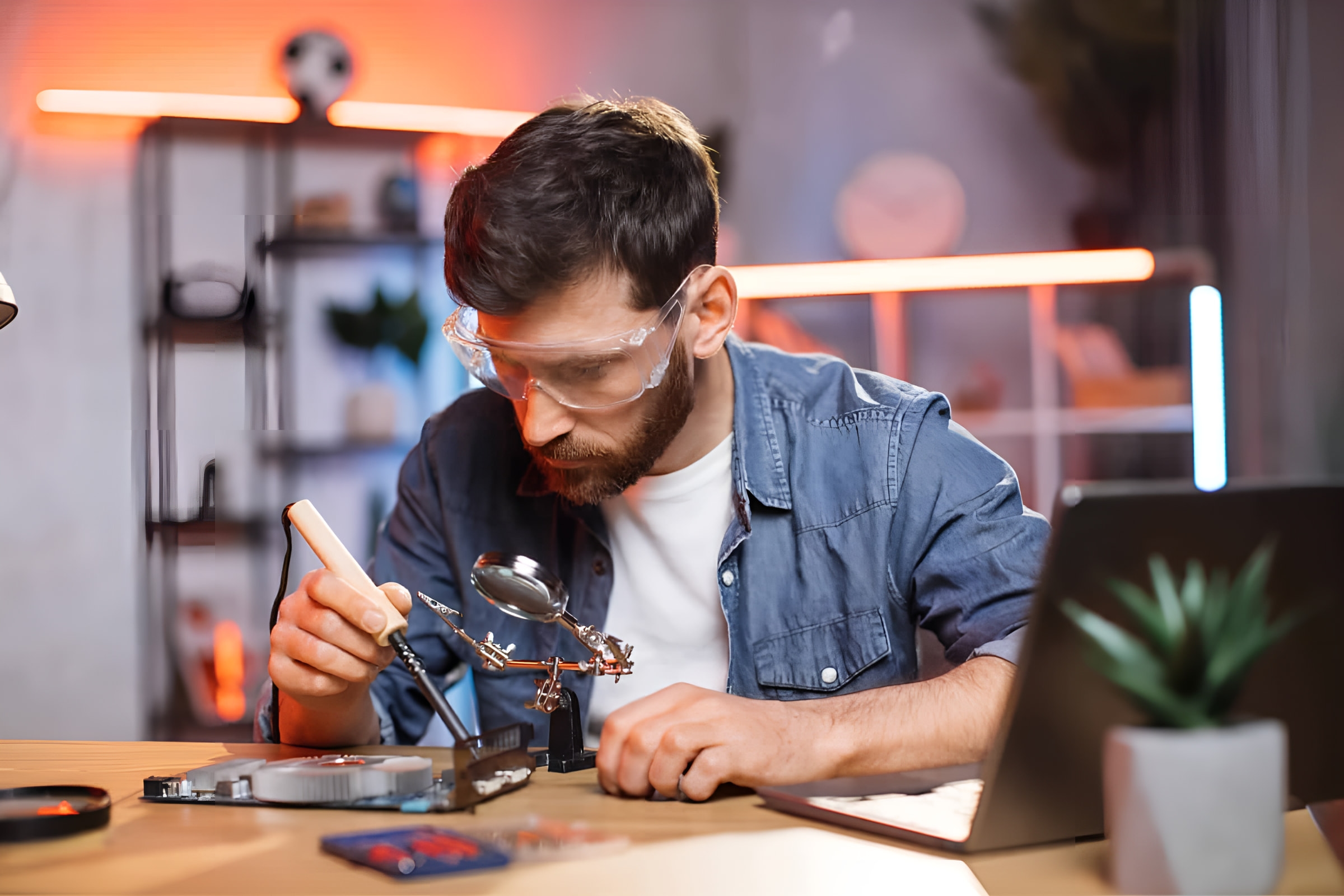 A circuit board being repaired with a soldering iron, under a magnifier