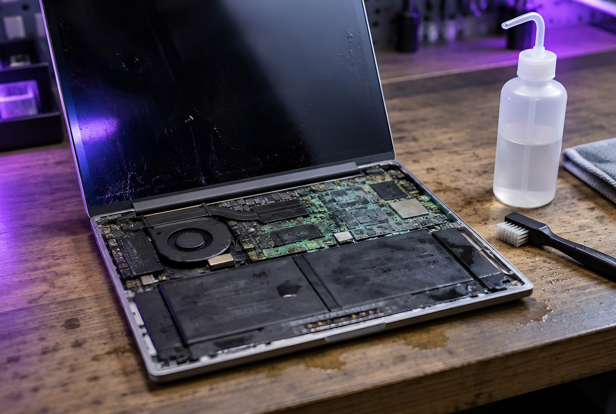 Corrosion on a laptop’s logic board after a spill